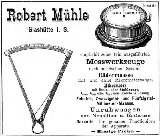 Werbeanzeige der Firma ROBERT MÜHLE Glashütte i.S. mit zwei Messinstrumenten und schwarzer Schrift auf weißem Grund.