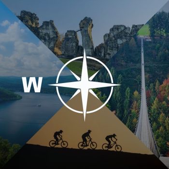 Kompassrose, die auf den Buchstaben "W" zeigt. Im Hintergrund Naturaufnahmen und Fahrradfahrer.