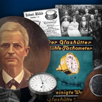 Kollage von Plakaten, Familienbildern und Messwerkzeugen aus der Geschichte von Mühle-Glashütte