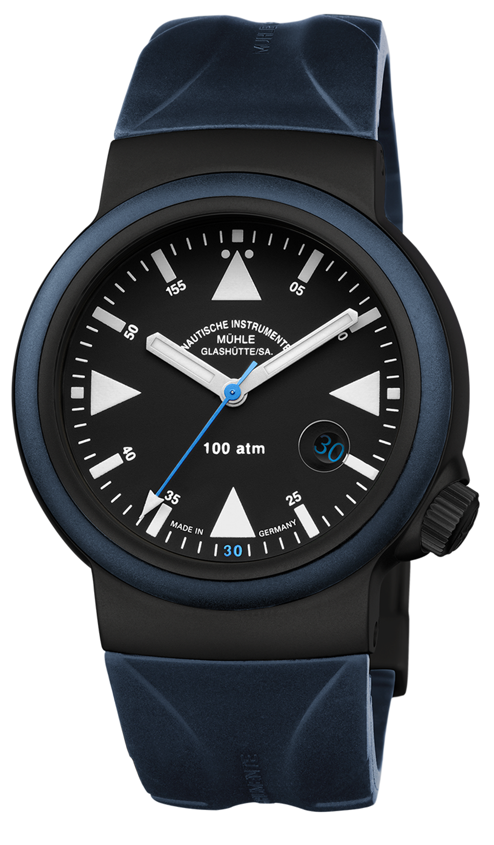 S.A.R. Rescue-Timer Edition 1994: Frontalansicht einer Armbanduhr mit schwarzem Zifferblatt und blauem Kautschukband.