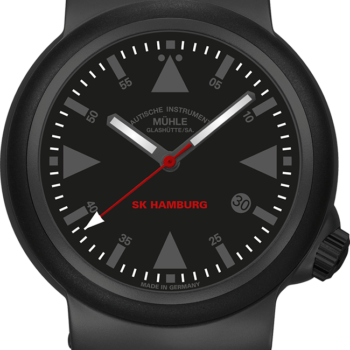 S.A.R. Rescue-Timer "SK Hamburg": Frontalansicht einer Armbanduhr mit schwarzem Gehäuse und grauen Indizes, schwarzes Gehäuse und schwarzes Kautschukband.