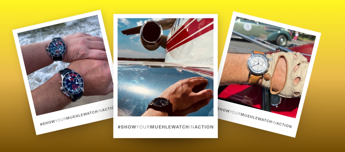 Drei Bilder mit Wristshots in Polaroid-Optik. Links: Zwei S.A.R. Fliegerchronographen vor Wellen am Strand. Mitte: Sea-Timer Black Motion vor einem Flugzeug. Rechts: Teutonia Sport II Clous de Paris vor einem Oldtimer.