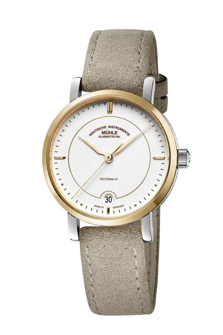 Teutonia IV Lady: Frontalansicht einer Damenuhr mit weißem Zifferblatt, Bicolor-Gehäuse (Gold und Silber) Gehäuse und beigem Veloursband.