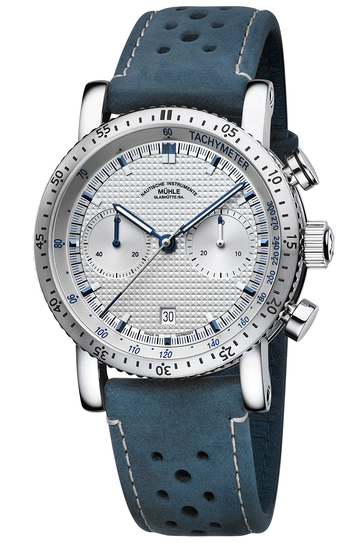 Teutonia Sport I Clous de Paris: Frontalansicht einer Herrenarmbanduhr mit silbernem Zifferblatt am blauen Lederband.